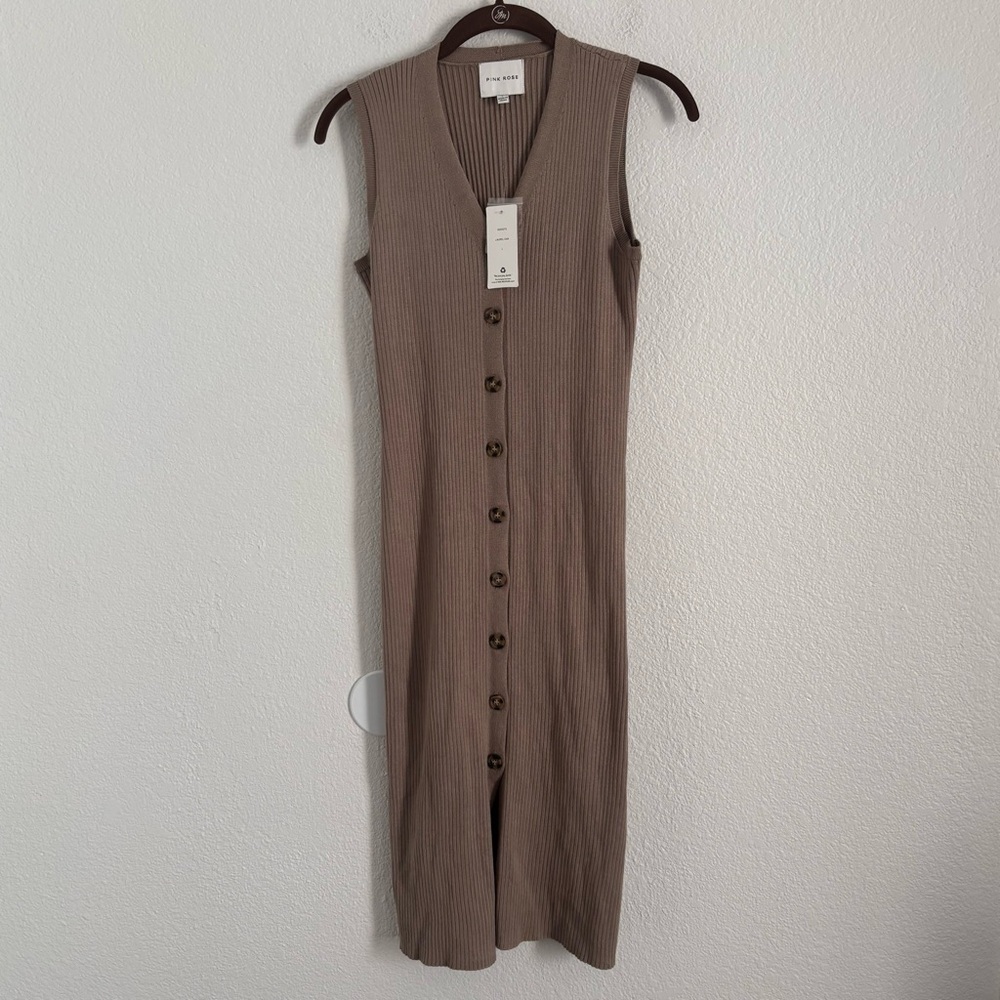 NWT Pink Rose Women's Size Large Green Sleeveless Ribbed Button Front Dress
